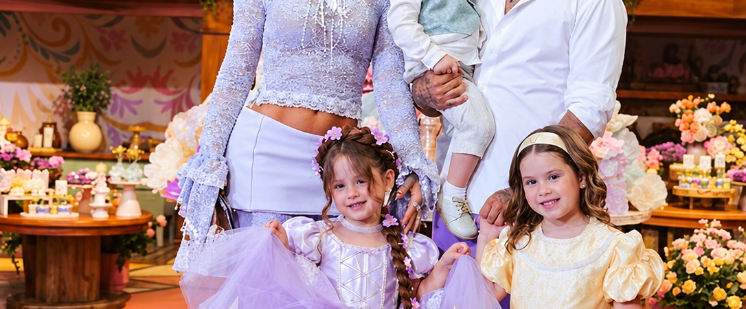 Maria Flor comemora 4 anos com festa luxuosa inspirada em Rapunzel; Virginia Fonseca e Zé Felipe celebram juntos