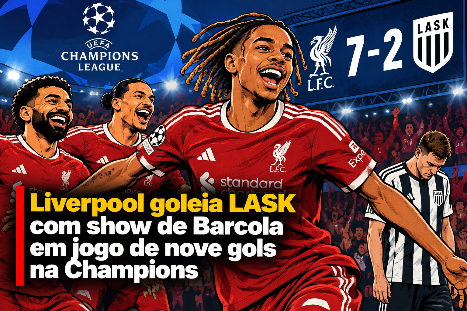 Liverpool goleia LASK por 6 a 3 na Champions com hat-trick de Barcola