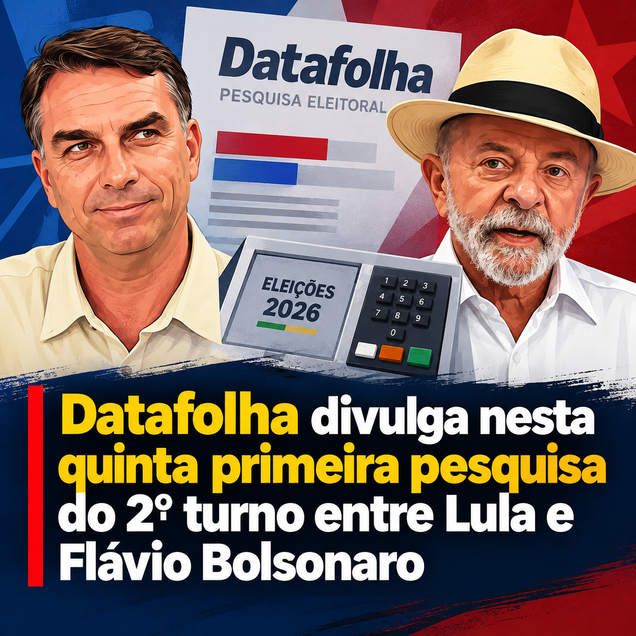 Datafolha divulga nesta quinta primeira pesquisa do 2º turno entre Lula e Flávio Bolsonaro